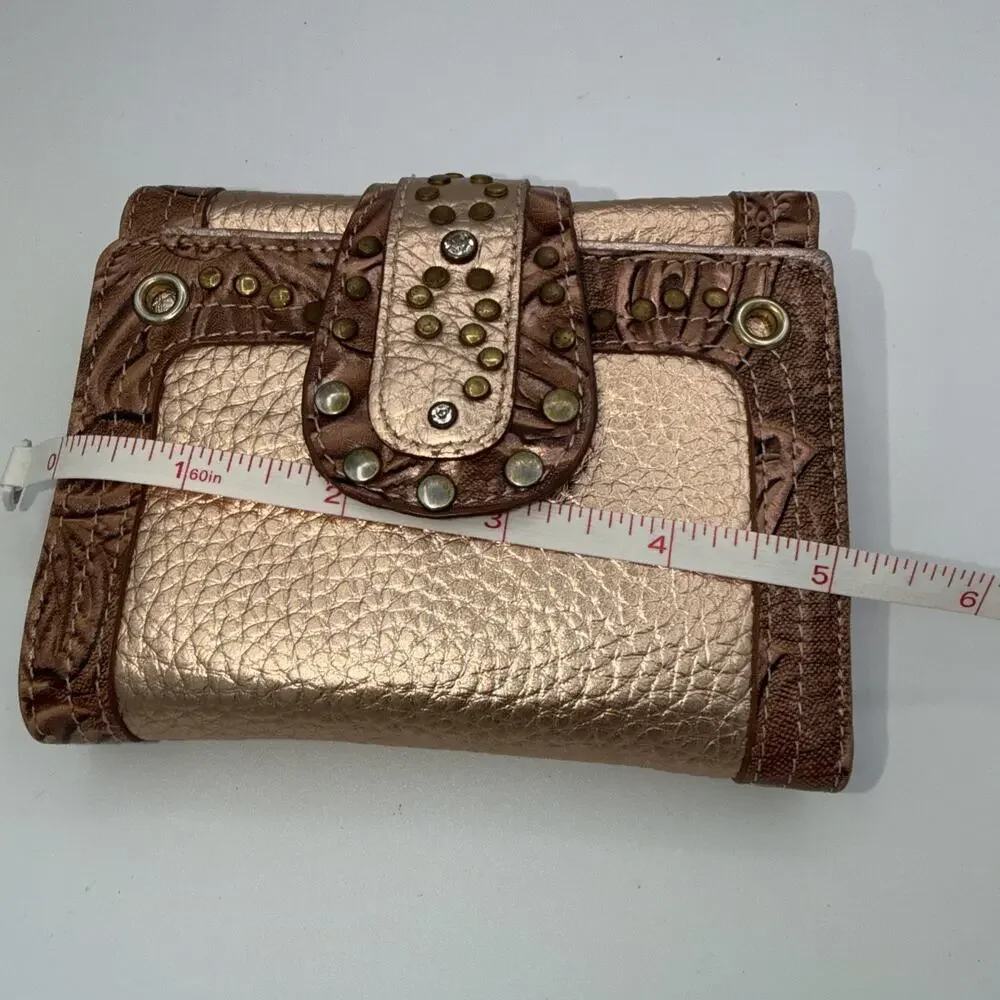 Charm And Luck Folded Wallet Billfold Studded Rose Tone Leather Copper Western
